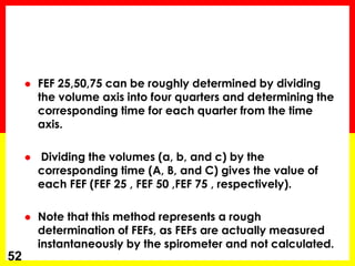  FEF 25,50,75 can be roughly determined by dividing 
the volume axis into four quarters and determining the 
corresponding time for each quarter from the time 
axis. 
 Dividing the volumes (a, b, and c) by the 
corresponding time (A, B, and C) gives the value of 
each FEF (FEF 25 , FEF 50 ,FEF 75 , respectively). 
 Note that this method represents a rough 
determination of FEFs, as FEFs are actually measured 
instantaneously by the spirometer and not calculated. 
52 
 