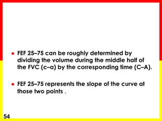  FEF 25–75 can be roughly determined by 
dividing the volume during the middle half of 
the FVC (c–a) by the corresponding time (C–A). 
 FEF 25–75 represents the slope of the curve at 
those two points . 
54 
 
