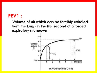 Forced expiratory volume 
in 1 second (FEV1) 
A measure of FLOW 
─ Reported in liters and % of predicted 
─ 80 – 120% of p...