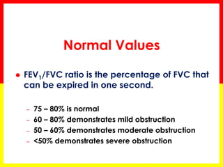 Mixed Obstructive and Restrictive 
Volume, liters 
Obstructive - Restrictive 
Time, seconds 
Normal 
FEV1 = 0.5L 
FVC = 1....