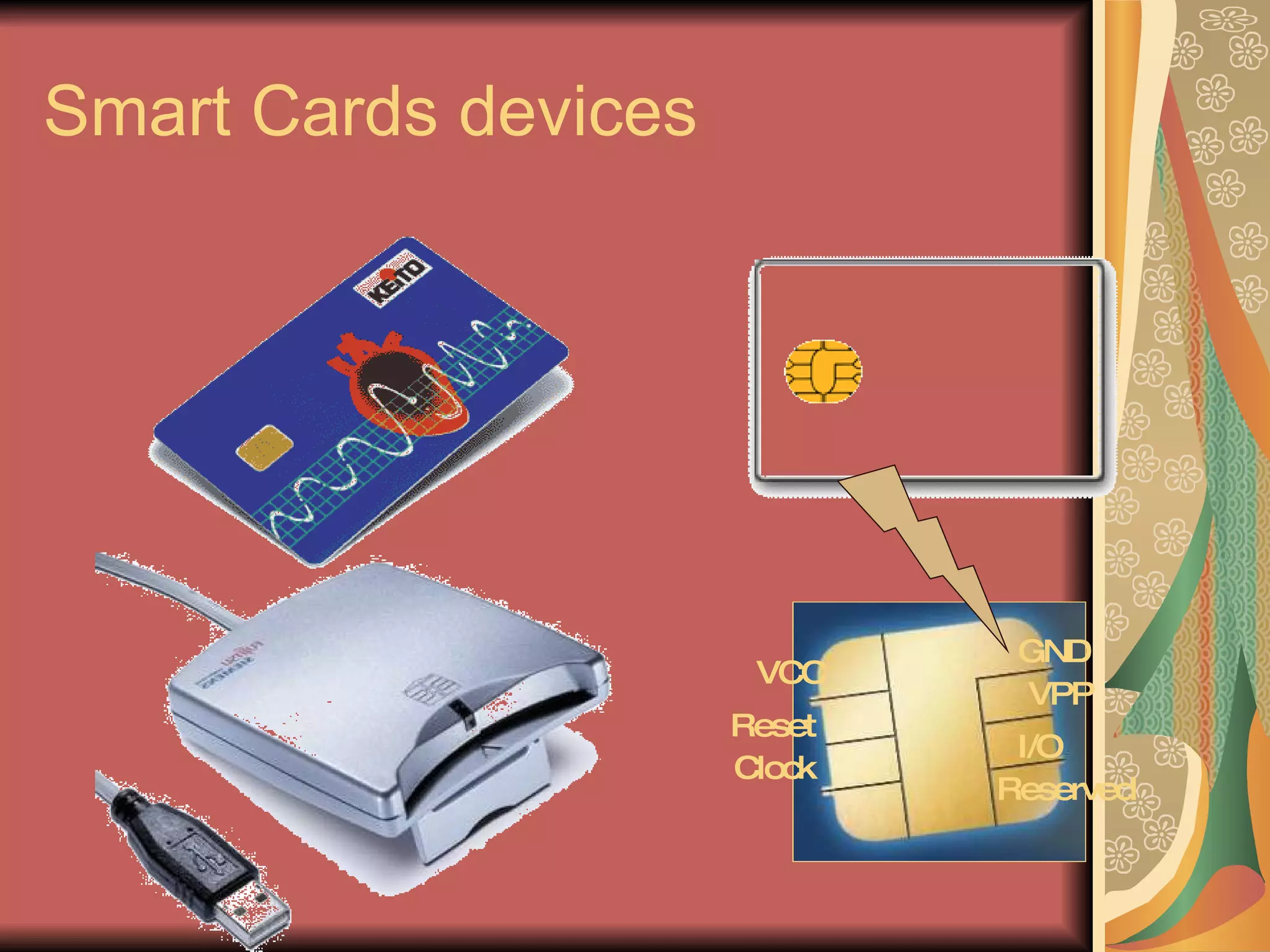 Smart Cards devices VCC Reset Clock Reserved I/O VPP GND 