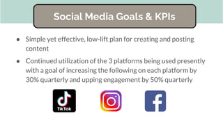 ● Simple yet effective, low-lift plan for creating and posting
content
● Continued utilization of the 3 platforms being used presently
with a goal of increasing the following on each platform by
30% quarterly and upping engagement by 50% quarterly
Social Media Goals & KPIs
 