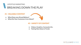 BREAKING DOWN THE PLAY
LIFESTYLE MARKETING
#1 - VALUABLE CONTENT
● What Does your Brand Believe?
● What Do Your Customers Care About?
#2 - VARIETY OF CONTENT
● Videos, Graphics, Carousels, Etc.
● Testing New Ideas & Trends
 