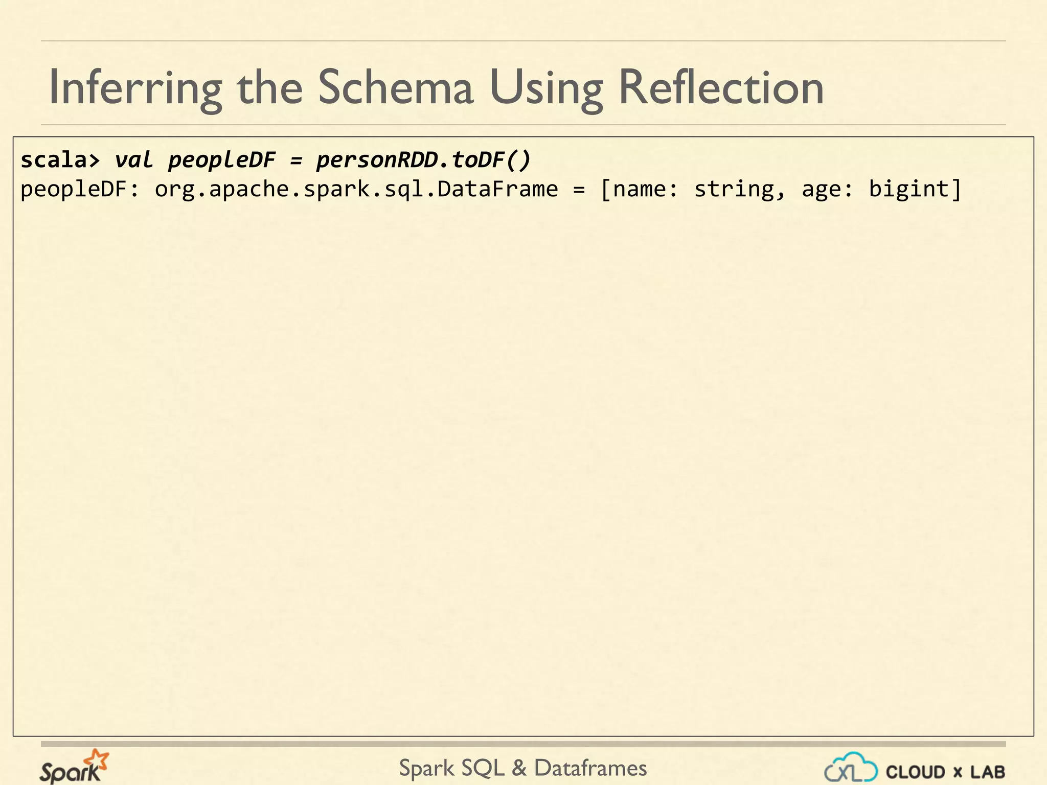 Spark SQL & Dataframes scala> val peopleDF = personRDD.toDF() peopleDF: org.apache.spark.sql.DataFrame = [name: string, age: bigint] Inferring the Schema Using Reflection 