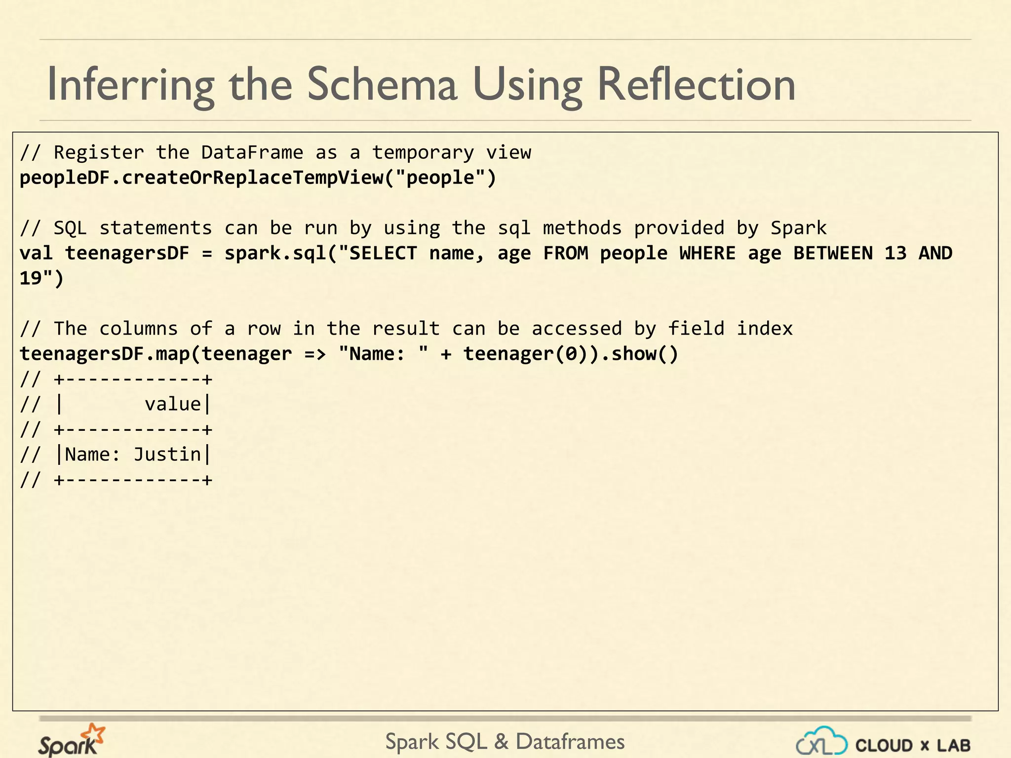 Spark SQL & Dataframes // Register the DataFrame as a temporary view peopleDF.createOrReplaceTempView("people") // SQL statements can be run by using the sql methods provided by Spark val teenagersDF = spark.sql("SELECT name, age FROM people WHERE age BETWEEN 13 AND 19") // The columns of a row in the result can be accessed by field index teenagersDF.map(teenager => "Name: " + teenager(0)).show() // +------------+ // | value| // +------------+ // |Name: Justin| // +------------+ Inferring the Schema Using Reflection 