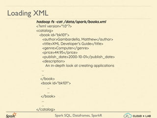 Spark SQL, Dataframes, SparkR
hadoop fs -cat /data/spark/books.xml
<?xml version="1.0"?>
<catalog>
<book id="bk101">
<author>Gambardella, Matthew</author>
<title>XML Developer's Guide</title>
<genre>Computer</genre>
<price>44.95</price>
<publish_date>2000-10-01</publish_date>
<description>
An in-depth look at creating applications
…
…
</book>
<book id="bk101">
…
…
</book>
…
...
</catalog>
Loading XML
 