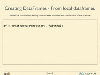 SparkR
df = createDataFrame(spark, faithful)
Creating DataFrames - From local dataframes
failthful - R Dataframe - waiting time between eruptions and the duration of the eruption
 