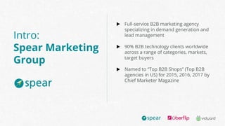 Intro:
Spear Marketing
Group
Full-service B2B marketing agency
specializing in demand generation and
lead management
90% B...