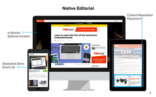3
Native Editorial
In-Stream
Editorial Content
Dedicated Store
Email List
Content Newsletter
Placement
 
