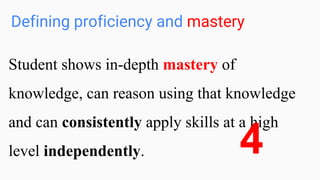Defining proficiency and mastery
Student shows in-depth mastery of
knowledge, can reason using that knowledge
and can consistently apply skills at a high
level independently. 4
 