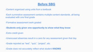 Before SBG
-Content organized using units from a textbook
-Each summative assessment contains multiple content standards, all being
evaluated with one final grade
-Formative assessment work graded
-Students only given one opportunity to show what they know
-Extra credit given
-Unexcused absences result in a zero for any assessment given that day
-Grade reported as “test”, “quiz”, “project”, etc.
-Grade does not accurately reflect what student KNOWS
 