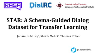 STAR: A Schema-Guided Dialog
Dataset for Transfer Learning
Johannes Mosig*, Shikib Mehri*, Thomas Kober
@shikibmehri
 