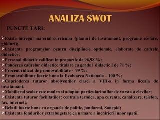 PUNCTE TARI:
Exista intregul material curricular (planuri de invatamant, programe scolare,
ghiduri);
Existenta programelor pentru disciplinele optionale, elaborate de cadrele
didactice;
Personal didactic calificat in proportie de 96,98 % ;
Ponderea cadrelor didactice titulare cu gradul didactic I de 71 %;
Procent ridicat de promovabilitate - 99 %;
Promovabilitate foarte buna la Evaluarea Nationala – 100 %;
Cuprinderea tuturor absolventilor clasei a VIII-a in forma liceala de
invatamant;
Mobilierul scolar este modrn si adaptat particularitatilor de varsta a elevilor;
Existenta tuturor facilitatilor: centrala termica, apa curenta, canalizare, telefon,
fax, internet;;
Relatii foarte bune cu organele de politie, jandarmi, Sanepid;
Existenta fondurilor extrabugetare ca urmare a inchirierii unor spatii.
 