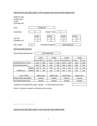 INSPECTION /RECORD SHEET FOR FOUNDATION EXCAVATION DIMENTION

NAME OF LINE:
CONSULTANT :
CLIENT              :
CONTRACTOR :


DATE                                                   12-Dec-07

TOWER NO:                                   0                     TOWER TYPE                 0


                                                LEG#1               LEG#2                    LEG#3              LEG#4
LEG EXT:                                          +4                     +2                       +3                +4
CHEMNEY EXT:                                       0                      0                       0                  0


SOIL CLASS:                           3                   DRAWING NUMBER:                        A/SP/7660/P/040


EXCAVATION DETAILS

EXCAVATION DRAWING NO:                                     A/SP/7660/P/040


                                                       LEG#1                  LEG#2                   LEG#3              LEG#4
                                                AS DRNG ACTUEL      AS DRNG      ACTUEL      AS DRNG ACTUEL     AS DRNG      ACTUEL

AVERAGE DEPTH TO CP                              4250      4250          4250         4250       4250    4250      4250          4250
EXCAVATION WIDTH                                 6030      6950          6030         7200       6030    6650      6030          6700
                                 WIDTH            150       150          150          150        150      150      150           150
      UNDER CUT                  HEIGHT           200       200          200          200        200      200      200           200


            SOIL STRATA                           MIXED SOIL             MIXED SOIL              MIXED SOIL         MIXED SOIL
DEWATERING REQUIRED                                    YES/NO              YES/NO                  YES/NO            YES/NO
SHUTERING EMPLOYED                                     YES/NO              YES/NO                  YES/NO            YES/NO

CHANGE OF FOUNDATION CLASS : YES/NO                               IF YES ACCEPTED CLASS:

Remark : Excavation accepted for stub setting and concreting




---------------------------------------------


INSPECTION /RECORD SHEET FOR STUB SETTING DIMENTION




                                                                     1
 