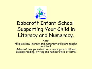Dobcroft Infant School
 Supporting Your Child in
 Literacy and Numeracy.
                        Aims
•Explain how literacy and numeracy skills are taught
                      in school.
 •Ideas of how parents/carers can support children
 develop reading, writing and number skills at home.
 