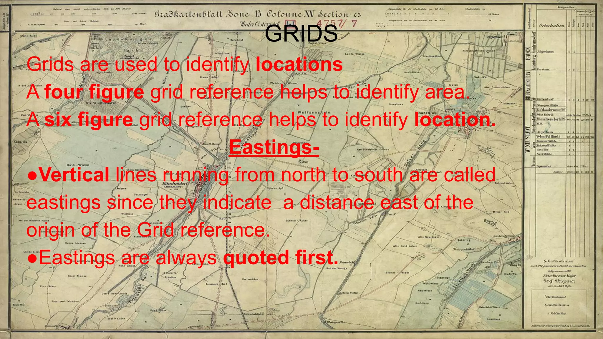 GRIDS
Grids are used to identify locations
A four figure grid reference helps to identify area.
A six figure grid reference helps to identify location.
Eastings-
●Vertical lines running from north to south are called
eastings since they indicate a distance east of the
origin of the Grid reference.
●Eastings are always quoted first.
 