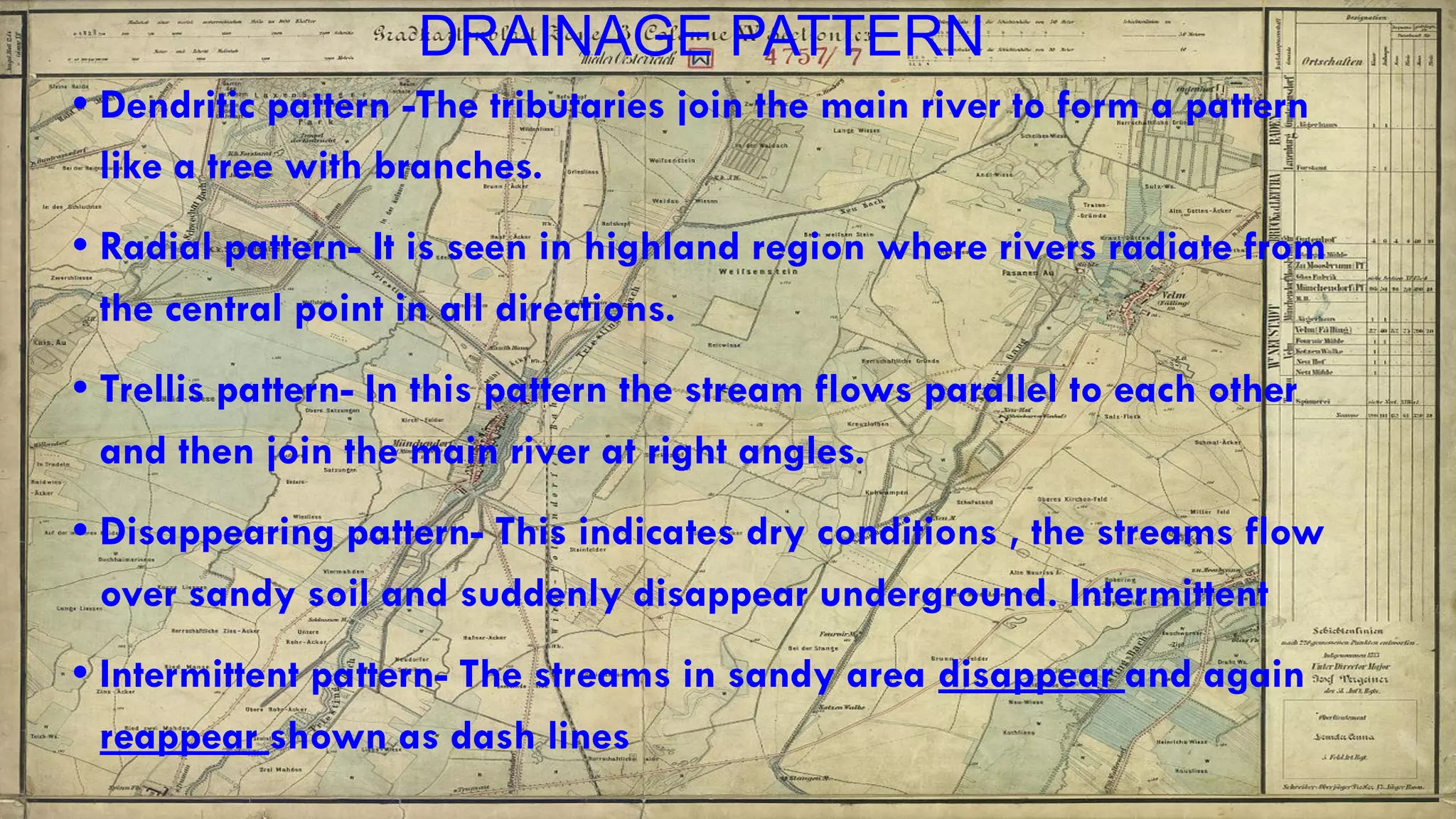 DRAINAGE PATTERN
• Dendritic pattern -The tributaries join the main river to form a pattern
like a tree with branches.
• Radial pattern- It is seen in highland region where rivers radiate from
the central point in all directions.
• Trellis pattern- In this pattern the stream flows parallel to each other
and then join the main river at right angles.
• Disappearing pattern- This indicates dry conditions , the streams flow
over sandy soil and suddenly disappear underground. Intermittent
• Intermittent pattern- The streams in sandy area disappear and again
reappear shown as dash lines
 