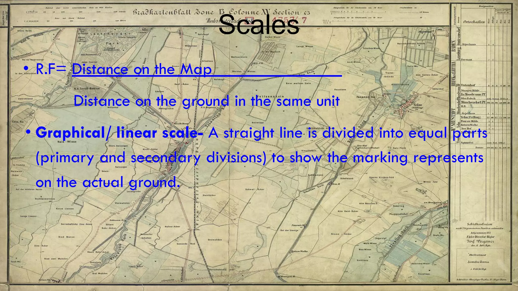 Scales
• R.F= Distance on the Map_______________
Distance on the ground in the same unit
• Graphical/ linear scale- A straight line is divided into equal parts
(primary and secondary divisions) to show the marking represents
on the actual ground.
 