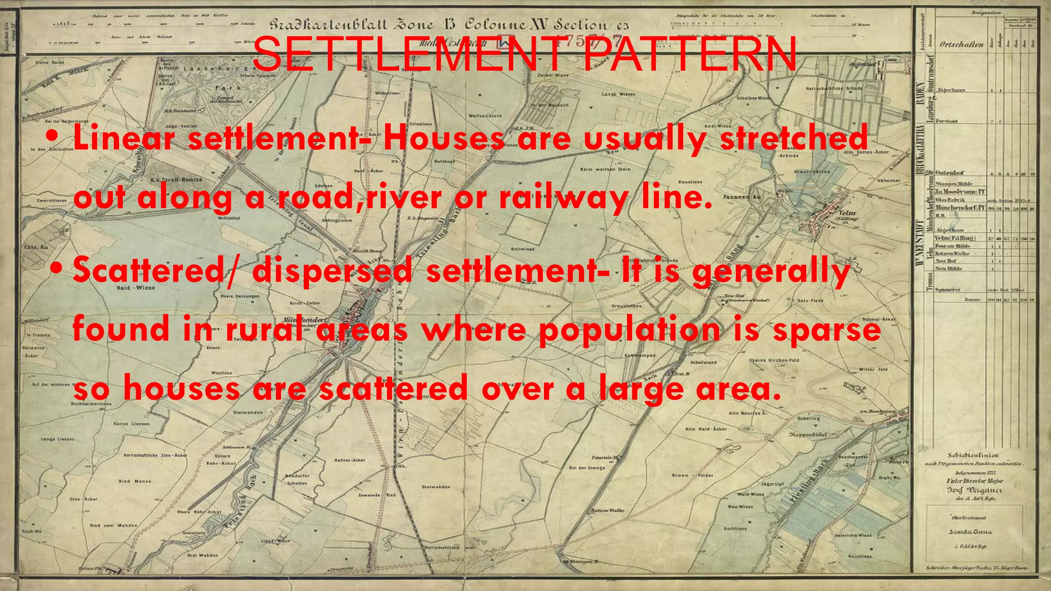SETTLEMENT PATTERN
• Linear settlement- Houses are usually stretched
out along a road,river or railway line.
• Scattered/ dispersed settlement- It is generally
found in rural areas where population is sparse
so houses are scattered over a large area.
 