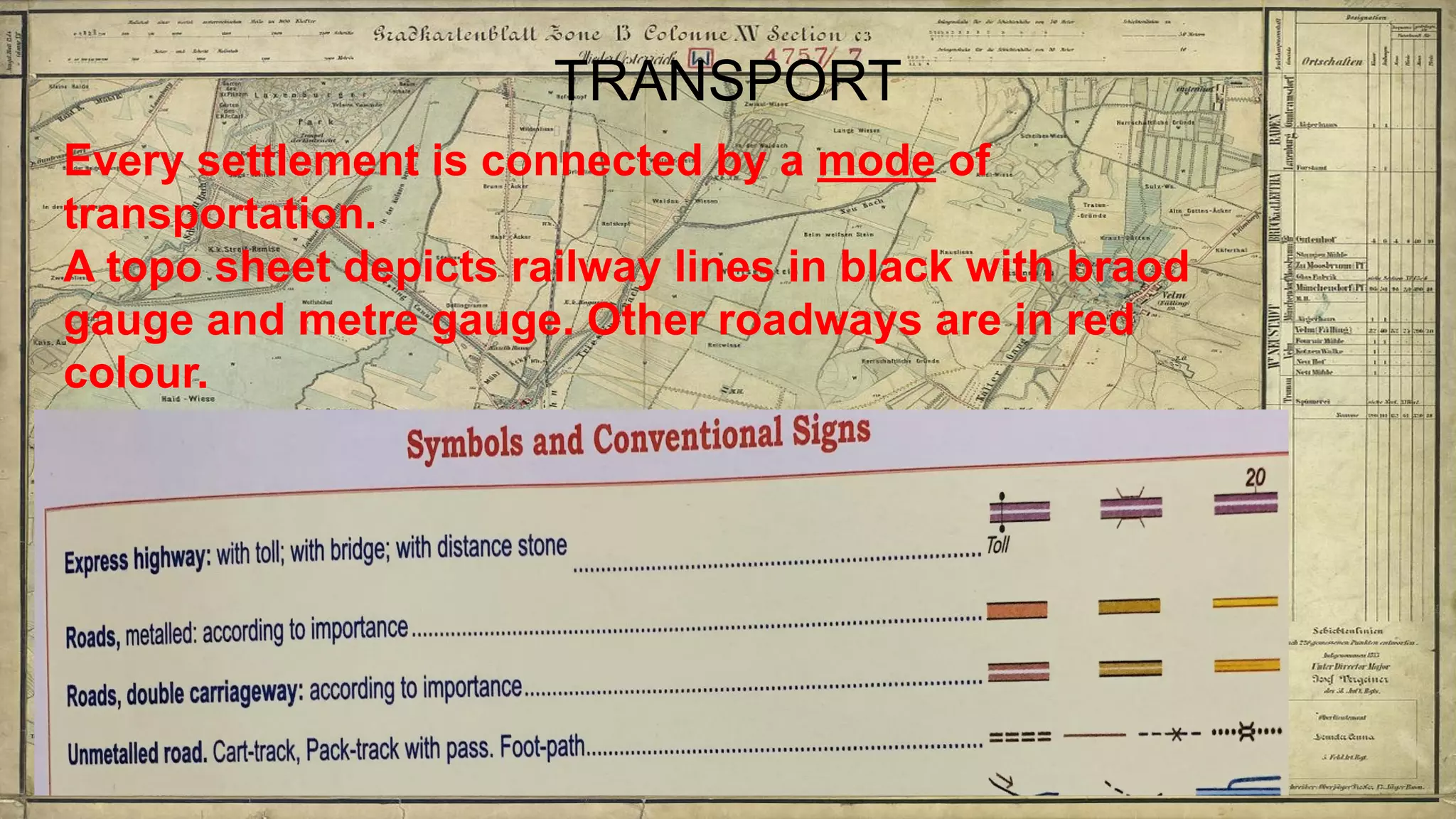 TRANSPORT
Every settlement is connected by a mode of
transportation.
A topo sheet depicts railway lines in black with braod
gauge and metre gauge. Other roadways are in red
colour.
 
