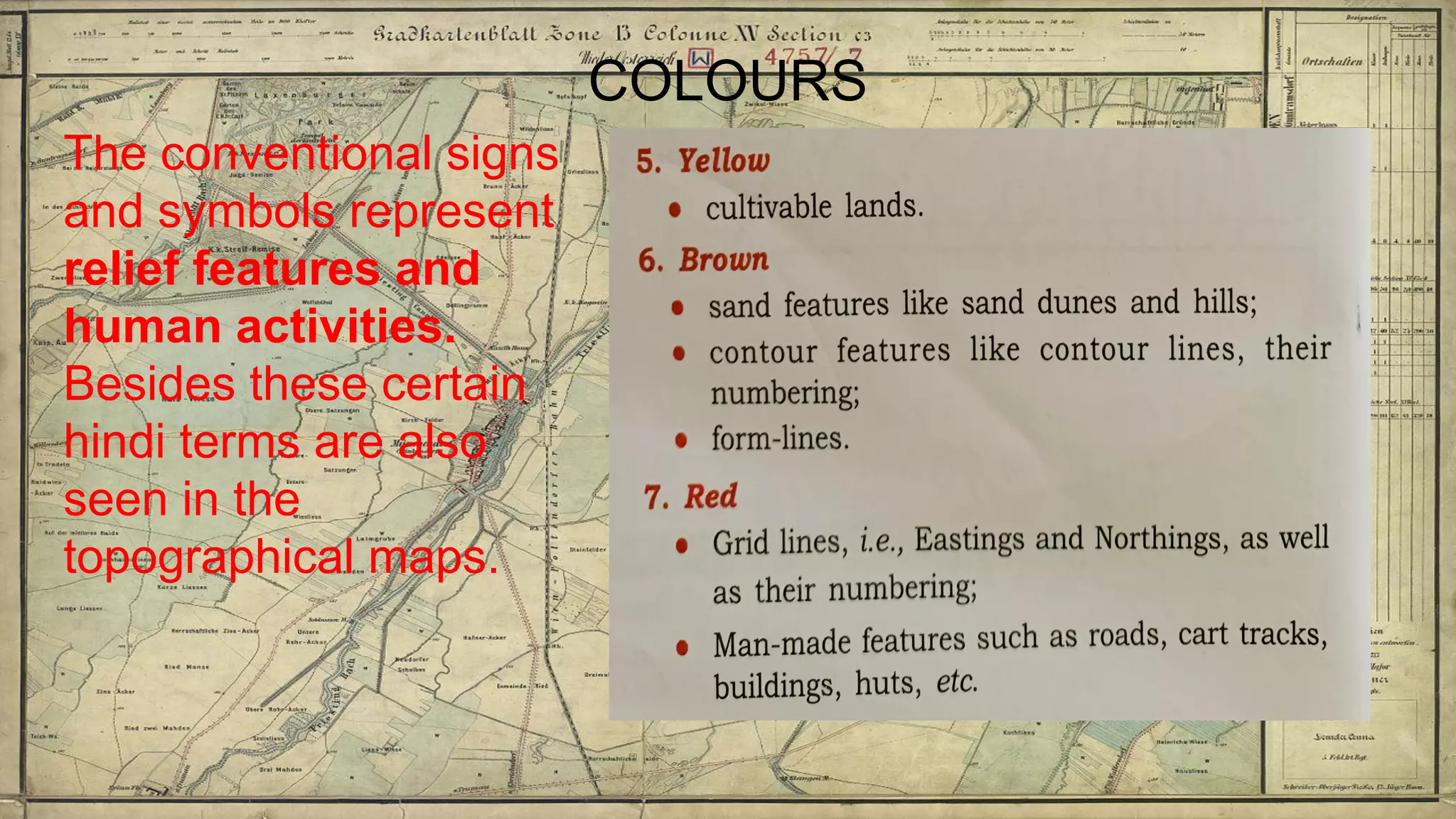 COLOURS
The conventional signs
and symbols represent
relief features and
human activities.
Besides these certain
hindi terms are also
seen in the
topographical maps.
 