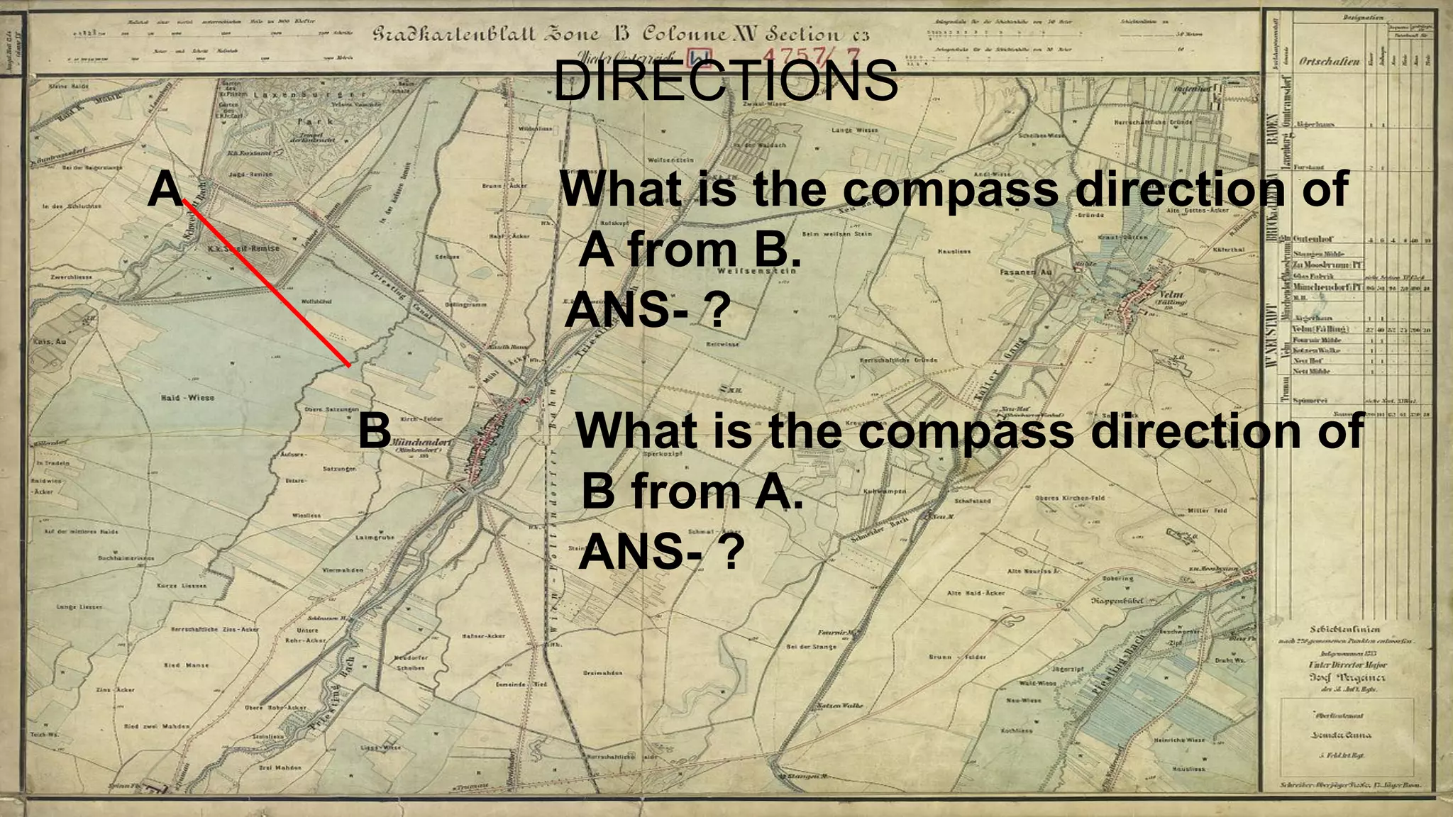 DIRECTIONS
A What is the compass direction of
A from B.
ANS- ?
B What is the compass direction of
B from A.
ANS- ?
 