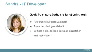 Goal: To ensure Switch is functioning well.
● Are orders being dispatched?
● Are orders being updated?
● Is there a closed loop between dispatcher
and technician?
Sandra - IT Developer
 
