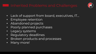 Inherited Problems and Challenges
• Lack of support from board, executives, IT...
• Employee retention
• Abandoned projects
• Poorly planned purchases
• Legacy systems
• Regulatory deadlines
• Broken products and processes
• Many more!
 