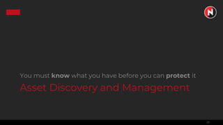 20
Asset Discovery and Management
You must know what you have before you can protect it
 