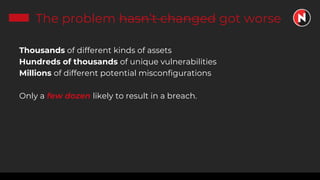 The problem hasn’t changed got worse
Thousands of different kinds of assets
Hundreds of thousands of unique vulnerabilities
Millions of different potential misconfigurations
Only a few dozen likely to result in a breach.
 
