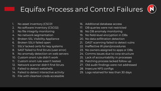Equifax Process and Control Failures
1. No asset inventory (CSC01
2. No software inventory (CSC02)
3. No file integrity monitoring
4. No network segmentation
5. Broken SSL Visibility Appliance
6. Broken SSLV failed open
7. SSLV lacked certs for key systems
8. SAST failed to find Struts (user error)
9. No anomaly detection on web servers
10. Custom snort rule didn’t work
11. Custom snort rule wasn’t tested.
12. Network scanner didn’t find Struts
13. Failed to detect webshells
14. Failed to detect interactive activity
15. File with cleartext creds accessible
16. Additional database access
17. DB queries were not restricted
18. No DB anomaly monitoring
19. No field-level encryption in DBs
20. No data exfiltration detection
21. DAST scanning failed to detect vulns
22. Ineffective IR plan/procedures
23. No owners assigned to apps or DBs
24. Comms issues due to corp structure
25. Lack of accountability in processes
26. Patching process lacked follow up
27. Old audit findings were not addressed
28. Insecure NFS configs
29. Logs retained for less than 30 days
 