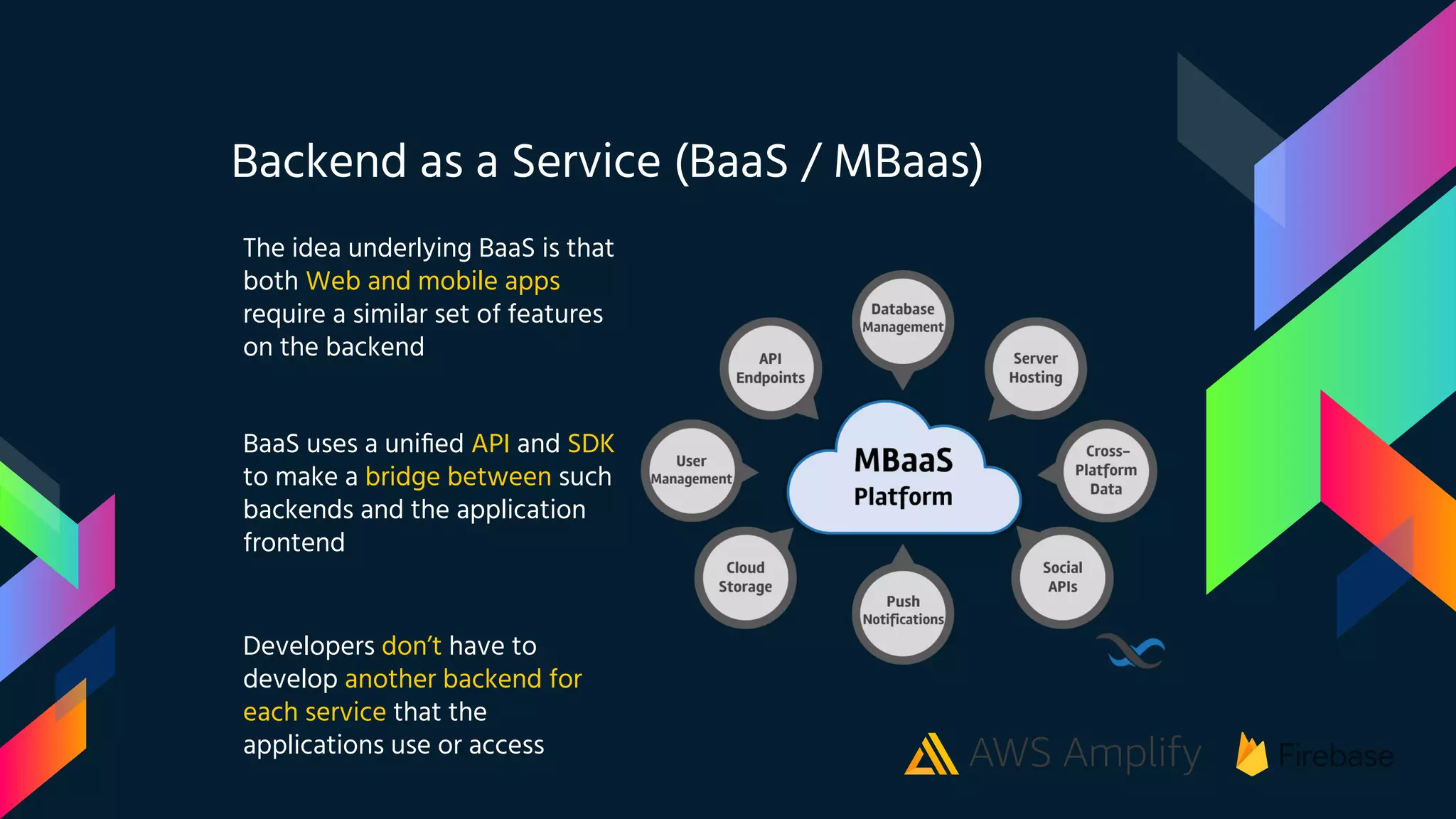 Backend as a Service (BaaS / MBaas)
The idea underlying BaaS is that
both Web and mobile apps
require a similar set of features
on the backend
BaaS uses a uniﬁed API and SDK
to make a bridge between such
backends and the application
frontend
Developers don’t have to
develop another backend for
each service that the
applications use or access
 