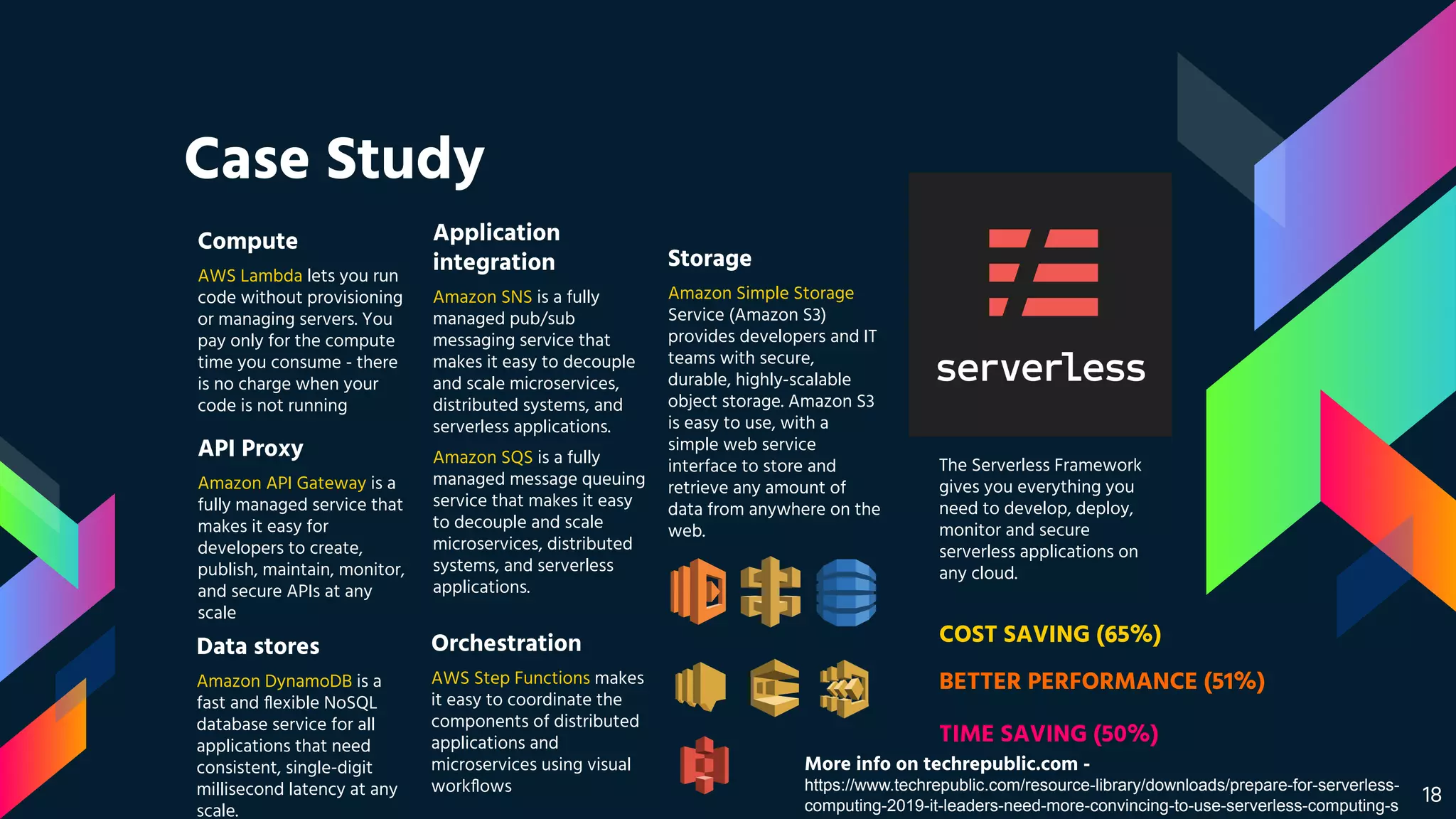 Case Study
18
Compute
AWS Lambda lets you run
code without provisioning
or managing servers. You
pay only for the compute
time you consume - there
is no charge when your
code is not running
Storage
Amazon Simple Storage
Service (Amazon S3)
provides developers and IT
teams with secure,
durable, highly-scalable
object storage. Amazon S3
is easy to use, with a
simple web service
interface to store and
retrieve any amount of
data from anywhere on the
web.
Data stores
Amazon DynamoDB is a
fast and ﬂexible NoSQL
database service for all
applications that need
consistent, single-digit
millisecond latency at any
scale.
API Proxy
Amazon API Gateway is a
fully managed service that
makes it easy for
developers to create,
publish, maintain, monitor,
and secure APIs at any
scale
Application
integration
Amazon SNS is a fully
managed pub/sub
messaging service that
makes it easy to decouple
and scale microservices,
distributed systems, and
serverless applications.
Amazon SQS is a fully
managed message queuing
service that makes it easy
to decouple and scale
microservices, distributed
systems, and serverless
applications.
Orchestration
AWS Step Functions makes
it easy to coordinate the
components of distributed
applications and
microservices using visual
workﬂows
The Serverless Framework
gives you everything you
need to develop, deploy,
monitor and secure
serverless applications on
any cloud.
COST SAVING (65%)
TIME SAVING (50%)
BETTER PERFORMANCE (51%)
More info on techrepublic.com -
https://www.techrepublic.com/resource-library/downloads/prepare-for-serverless-
computing-2019-it-leaders-need-more-convincing-to-use-serverless-computing-s
 