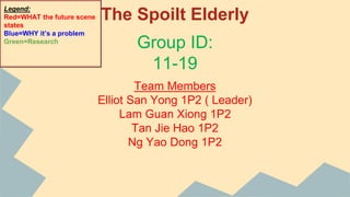 The Spoilt Elderly
Team Members
Elliot San Yong 1P2 ( Leader)
Lam Guan Xiong 1P2
Tan Jie Hao 1P2
Ng Yao Dong 1P2
Group ID:
11-19
Legend:
Red=WHAT the future scene
states
Blue=WHY it’s a problem
Green=Research
 