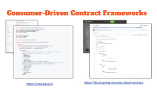 Consumer-Driven Contract Frameworks
https://docs.pact.io/ https://cloud.spring.io/spring-cloud-contract/
 