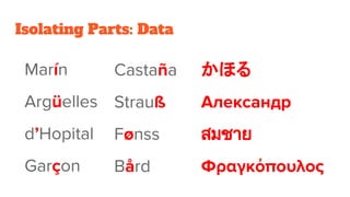 Isolating Parts: Data
Marín
Argüelles
d’Hopital
Garçon
Castaña
Strauß
Fønss
Bård
かほる
Александр
สมชาย
Φραγκόπουλος
 