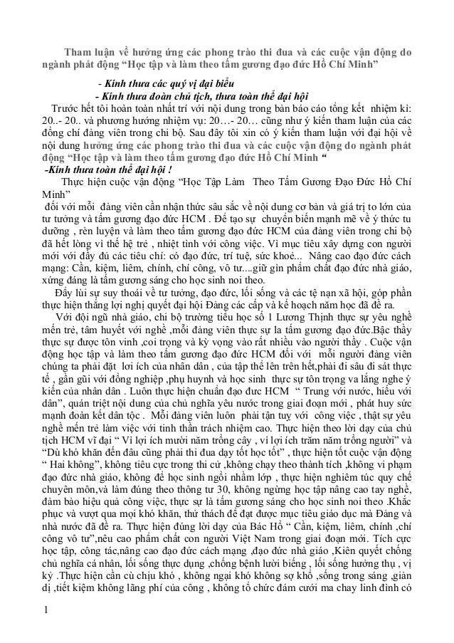 Tham luận về hưởng ứng các phong trào thi đua và các cuộc vận động do
ngành phát động “Học tập và làm theo tấm gương đạo đ...