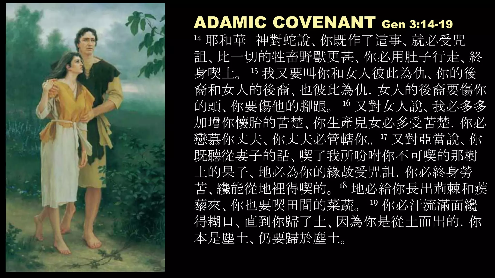 ADAMIC COVENANT Gen 3:14-19
14
耶和華　神對蛇說、你既作了這事、就必受咒
詛、比一切的牲畜野獸更甚、你必用肚子行走、終
身喫土。 15
我又要叫你和女人彼此為仇、你的後
裔和女人的後裔、也彼此為仇．女人的後裔要傷你
的頭、你要傷他的腳跟。 16
又對女人說、我必多多
加增你懷胎的苦楚、你生產兒女必多受苦楚．你必
戀慕你丈夫、你丈夫必管轄你。 17
又對亞當說、你
既聽從妻子的話、喫了我所吩咐你不可喫的那樹
上的果子、地必為你的緣故受咒詛．你必終身勞
苦、纔能從地裡得喫的。 18
地必給你長出荊棘和蒺
藜來、你也要喫田間的菜蔬。 19
你必汗流滿面纔
得糊口、直到你歸了土、因為你是從土而出的．你
本是塵土、仍要歸於塵土。
 