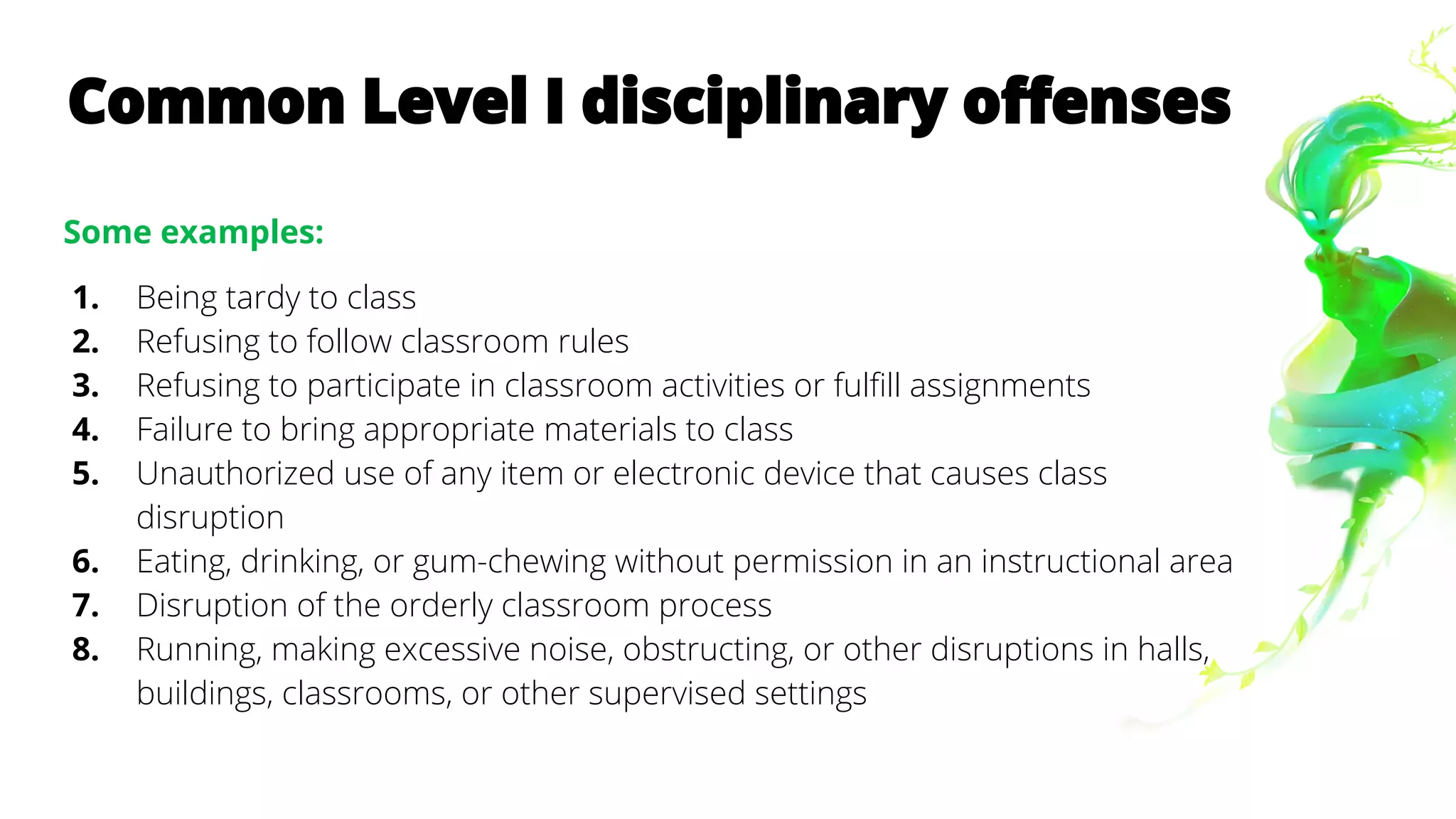 Common Level I disciplinary offenses
Some examples:
1. Being tardy to class
2. Refusing to follow classroom rules
3. Refusing to participate in classroom activities or fulfill assignments
4. Failure to bring appropriate materials to class
5. Unauthorized use of any item or electronic device that causes class
disruption
6. Eating, drinking, or gum-chewing without permission in an instructional area
7. Disruption of the orderly classroom process
8. Running, making excessive noise, obstructing, or other disruptions in halls,
buildings, classrooms, or other supervised settings
 