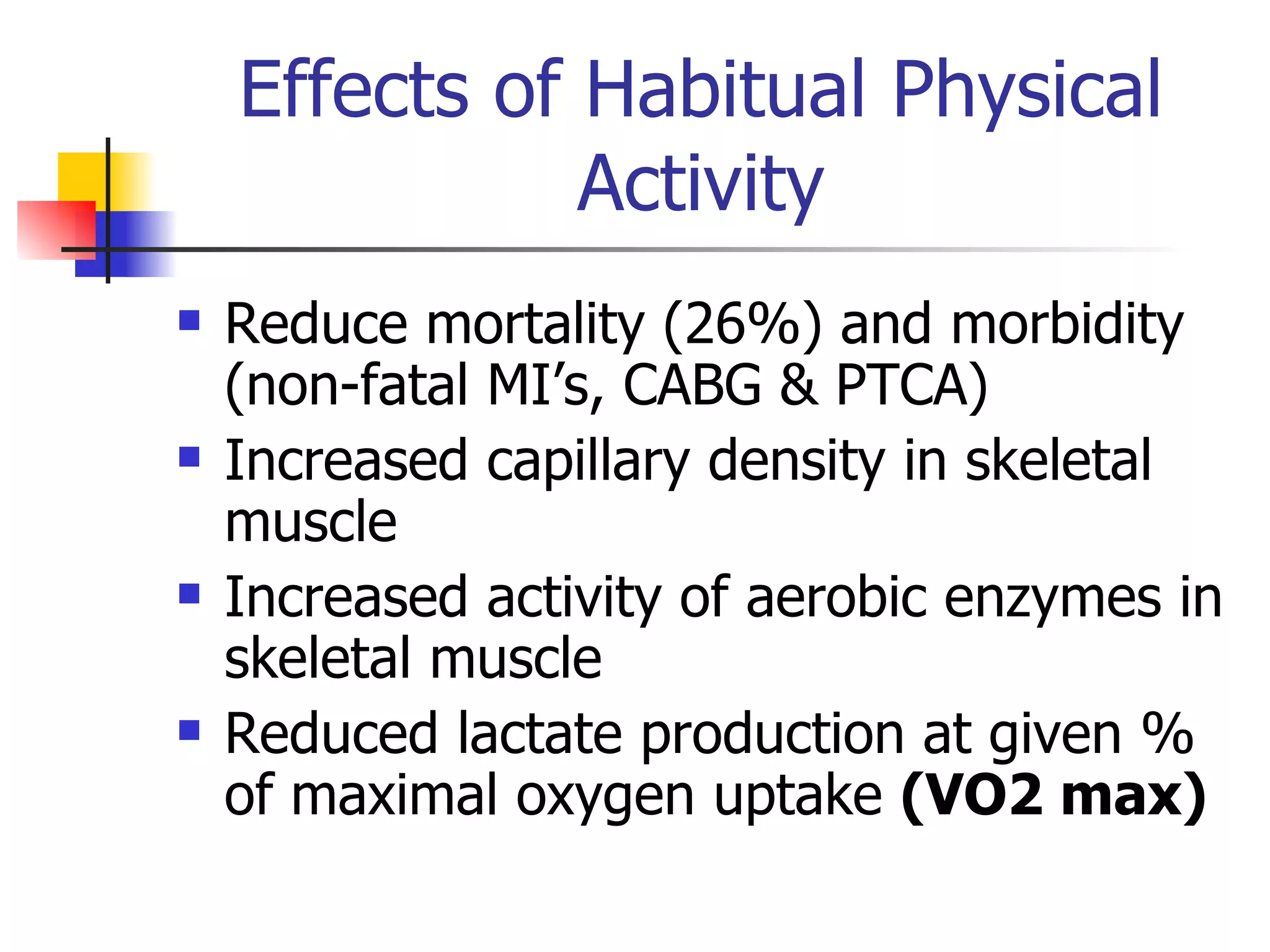 Effects of Habitual Physical Activity Reduce mortality (26%) and morbidity (non-fatal MI’s, CABG & PTCA) Increased capillary density in skeletal muscle Increased activity of aerobic enzymes in skeletal muscle Reduced lactate production at given % of maximal oxygen uptake  (VO2 max)   