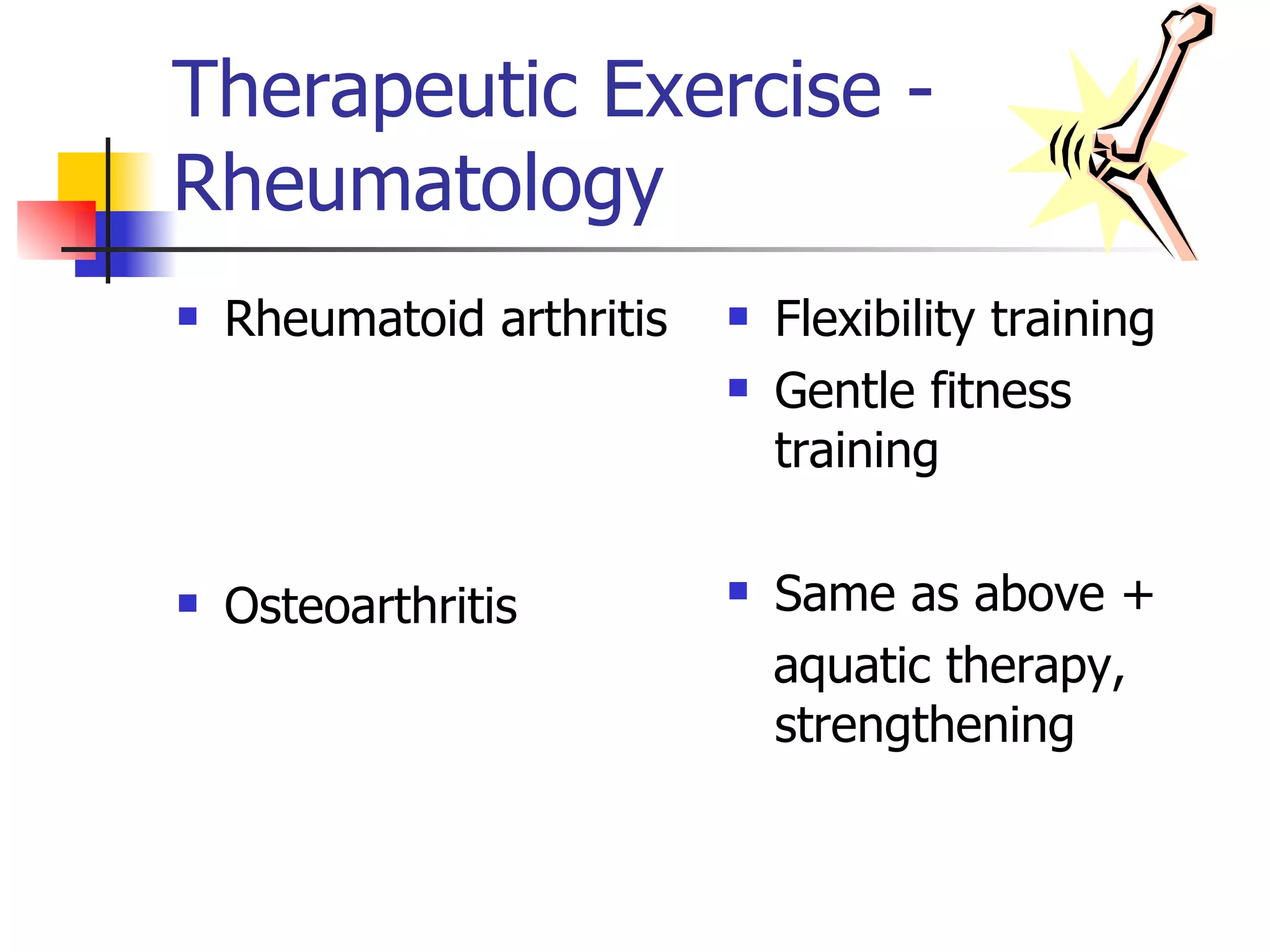 Therapeutic Exercise - Rheumatology Rheumatoid arthritis Osteoarthritis Flexibility training  Gentle fitness training Same as above + aquatic therapy, strengthening 