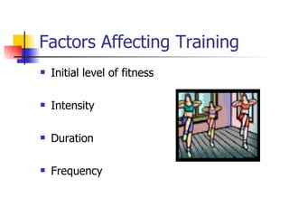 Factors Affecting Training Initial level of fitness Intensity Duration Frequency 