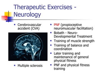 Therapeutic Exercises - Neurology Cerebrovascular accident (CVA) Multiple sclerosis PNF  (propioceptive neuromuscular facilitation) Bobath - Neuro-Developmental Treatment  Training of muscle strength  Training of balance and coordination  Later training and maintenance of general physical fitness PNF and physical fitness training 