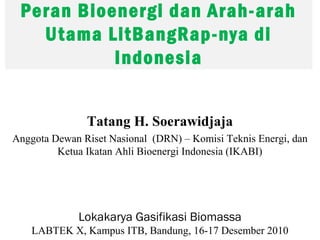 Peran Bioenergi dan Arah-arah
   Utama LitBangRap-nya di
           Indonesia


               Tatang H. Soerawidjaja
Anggota Dewan Riset Nasional (DRN) – Komisi Teknis Energi, dan
         Ketua Ikatan Ahli Bioenergi Indonesia (IKABI)




             Lokakarya Gasifikasi Biomassa
    LABTEK X, Kampus ITB, Bandung, 16-17 Desember 2010
 