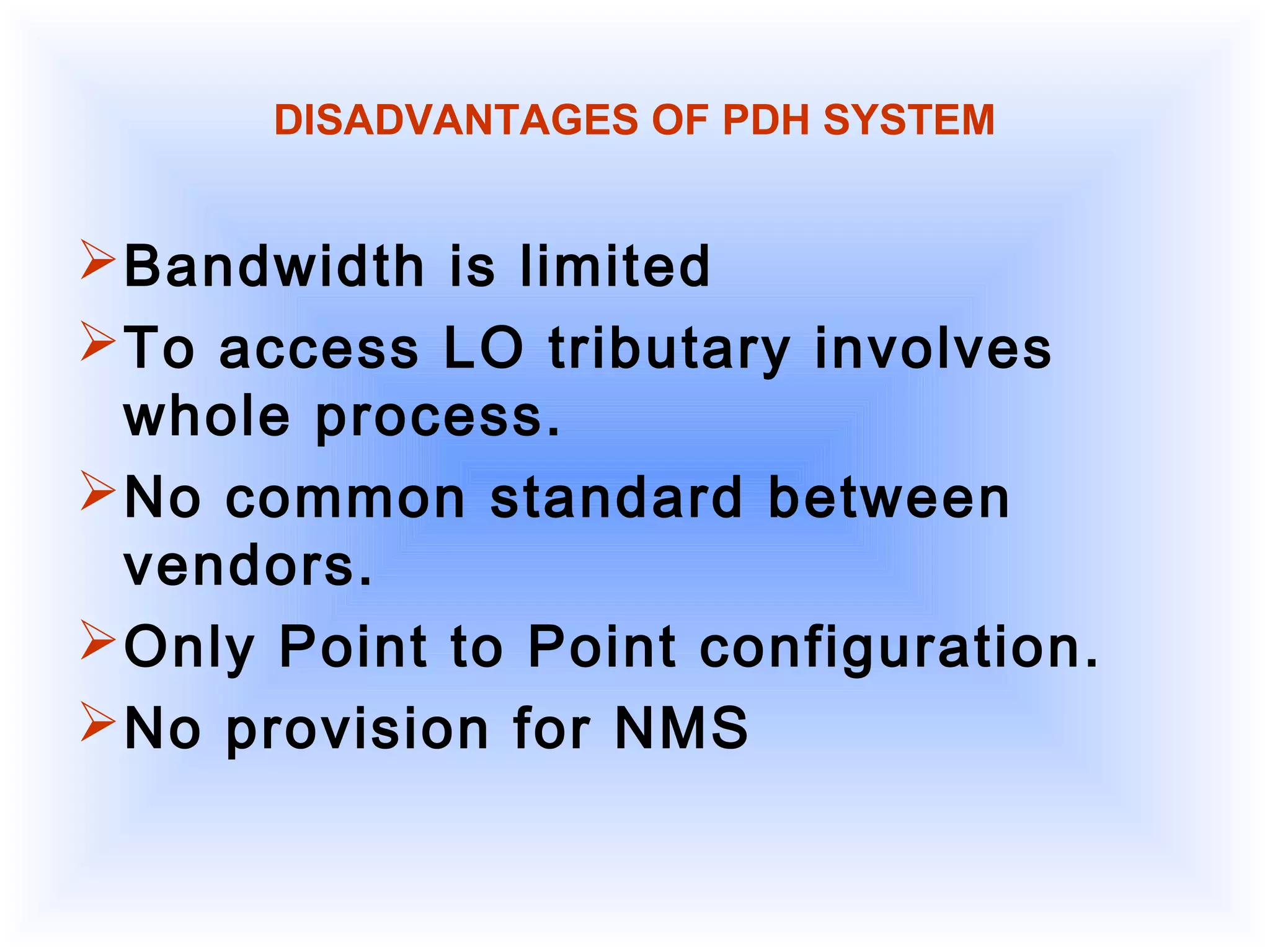 DISADVANTAGES OF PDH SYSTEM
Bandwidth is limited
To access LO tributary involves
whole process.
No common standard between
vendors.
Only Point to Point configuration.
No provision for NMS
 