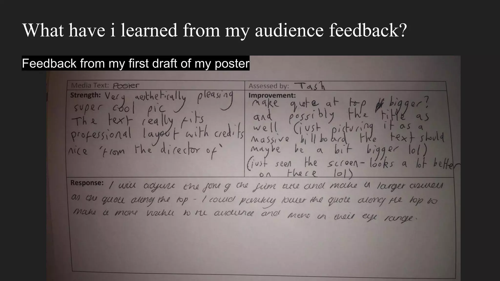 What have i learned from my audience feedback?
Feedback from my first draft of my poster
 