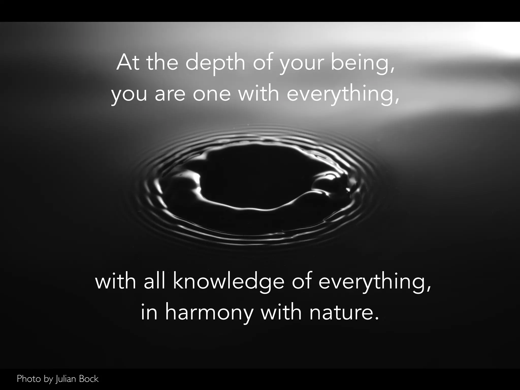 with all knowledge of everything,
in harmony with nature.
At the depth of your being,
you are one with everything,
Photo by Julian Bock
 