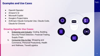 8
Examples and Use Cases
● OpenAI Operator
● Amazon’s Q
● Microsoft Copilot
● Google’s Project Astra
● Anthropic Claude Computer Use, Claude Code,
Claude for Chrome
Growing Agentic Use Cases:
a. Enterprise and Industry: Coding, Building,
Security/Threat Detection, Financial Trading,
Supply Chain
b. Consumer Day to Day: Shopping and
Commerce, Personal Productivity, Health
and Wellness, Travel/Logistics
 