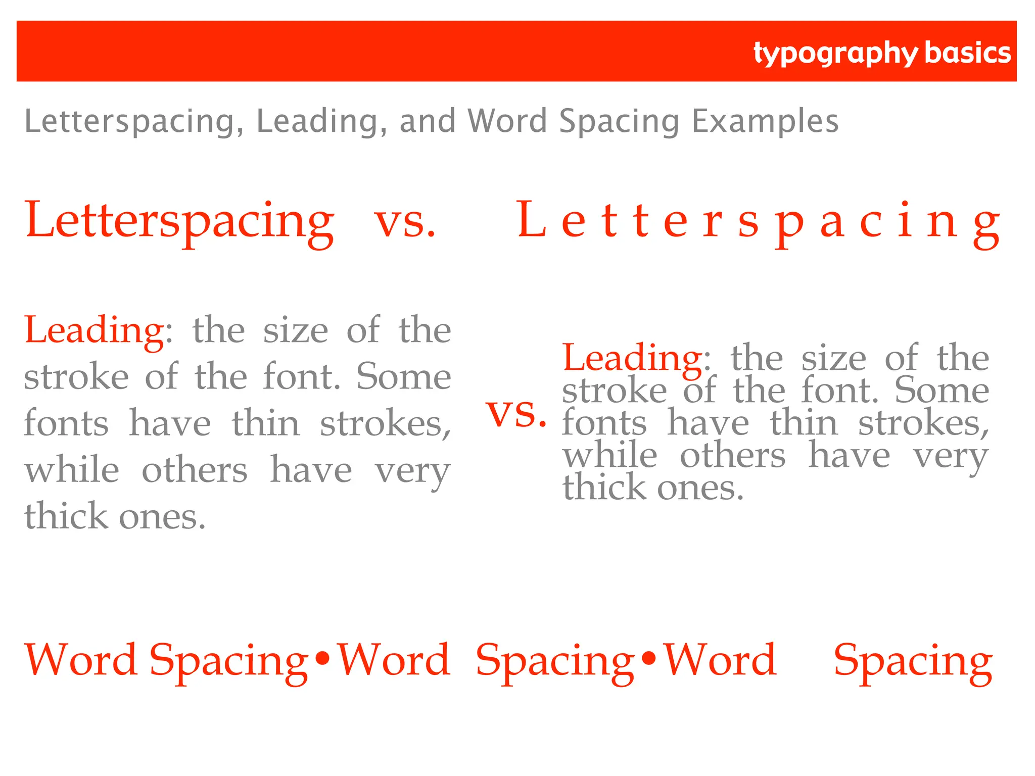 typography basics
Letterspacing vs. L e t t e r s p a c i n g
Letterspacing, Leading, and Word Spacing Examples
Leading: the size of the
stroke of the font. Some
fonts have thin strokes,
while others have very
thick ones.
Leading: the size of the
stroke of the font. Some
fonts have thin strokes,
while others have very
thick ones.
vs.
Word Spacing•Word Spacing•Word Spacing
 