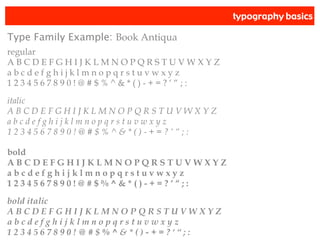 typography basics
Type Family Example: Book Antiqua
regular
A B C D E F G H I J K L M N O P Q R S T U V W X Y Z
a b c d e f g h i j k l m n o p q r s t u v w x y z
1 2 3 4 5 6 7 8 9 0 ! @ # $ % ^ & * ( ) - + = ? ‘ “ ; :
italic
A B C D E F G H I J K L M N O P Q R S T U V W X Y Z
a b c d e f g h i j k l m n o p q r s t u v w x y z
1 2 3 4 5 6 7 8 9 0 ! @ # $ % ^ & * ( ) - + = ? ‘ “ ; :
bold
A B C D E F G H I J K L M N O P Q R S T U V W X Y Z
a b c d e f g h i j k l m n o p q r s t u v w x y z
1 2 3 4 5 6 7 8 9 0 ! @ # $ % ^ & * ( ) - + = ? ‘ “ ; :
bold italic
A B C D E F G H I J K L M N O P Q R S T U V W X Y Z
a b c d e f g h i j k l m n o p q r s t u v w x y z
1 2 3 4 5 6 7 8 9 0 ! @ # $ % ^ & * ( ) - + = ? ‘ “ ; :
 